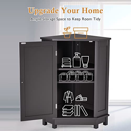 P PURLOVE Bathroom Storage Cabinet with Adjustable Shelves,Free Standing Corner Cabinet with Single Door, Freestanding Floor Cabinet for Bathroom Laundry Room Entryway Kitchen Pantry (Black Brown)