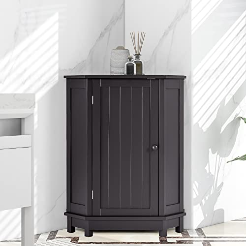 P PURLOVE Bathroom Storage Cabinet with Adjustable Shelves,Free Standing Corner Cabinet with Single Door, Freestanding Floor Cabinet for Bathroom Laundry Room Entryway Kitchen Pantry (Black Brown)