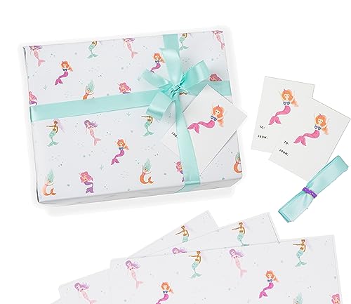 Mermaid Wrapping Paper Birthday Girl Set - 3 jumbo gift wrap Sheets, 3 Gift Tags, and Ribbon - Perfect for Girls' Birthday Gifts, girls baby shower, Mermaid gifts and more! All Occassion Under the Sea Wrapping paper