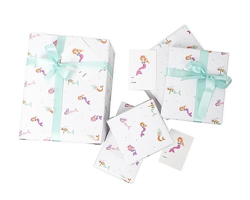 Mermaid Wrapping Paper Birthday Girl Set - 3 jumbo gift wrap Sheets, 3 Gift Tags, and Ribbon - Perfect for Girls' Birthday Gifts, girls baby shower, Mermaid gifts and more! All Occassion Under the Sea Wrapping paper