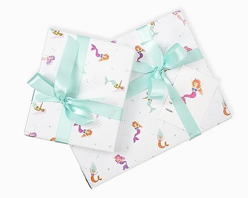 Mermaid Wrapping Paper Birthday Girl Set - 3 jumbo gift wrap Sheets, 3 Gift Tags, and Ribbon - Perfect for Girls' Birthday Gifts, girls baby shower, Mermaid gifts and more! All Occassion Under the Sea Wrapping paper