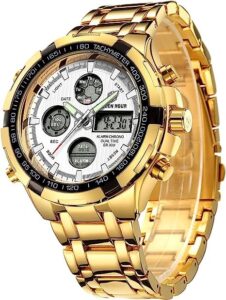 trendstar golden hour mens wrist watch, luxury analog digital sports watch for outdoor, stainless steel & waterproof, with alarm & stopwatch, japanese quartz movement, gifts for men (golden white)