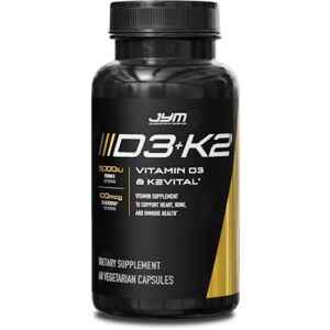 jym d3 + k2 with 5000iu d3 & 100mcg of vitamin k2 as mk-7, bone, cardiovascular + immune health for men & women, softgel