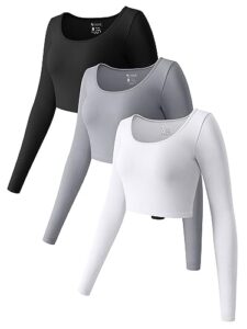 oqq women's 3 piece shirt long sleeve round neck stretch fitted underscrubs layer crop, black,grey,white, medium