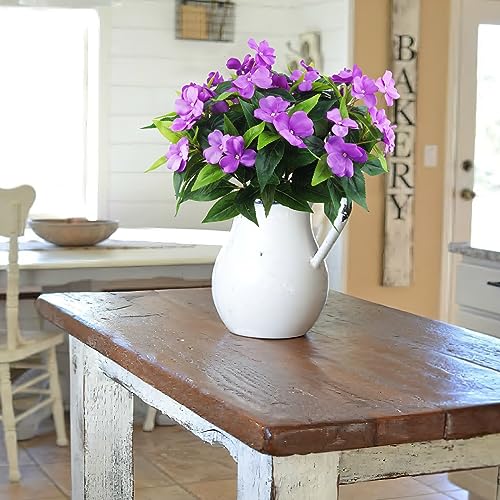 FAICOIA 2 Pcs Artificial Impatiens Flowers Bouquet Faux Impatiens Bushes Purple Silk Flowers Greenery Artificial Impatiens for Outdoors Patio Lawn Garden Balcony Pot Hanging Basket Porch Decoration