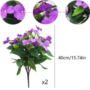 FAICOIA 2 Pcs Artificial Impatiens Flowers Bouquet Faux Impatiens Bushes Purple Silk Flowers Greenery Artificial Impatiens for Outdoors Patio Lawn Garden Balcony Pot Hanging Basket Porch Decoration