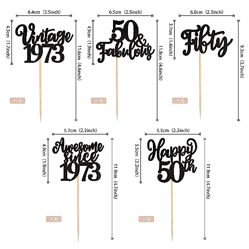 30 PCS Vintage 1973 Cupcake Toppers Glitter Fifty Awesome Since 1973 Happy 50th Birthday Cupcake Picks 50 Fabulous Cake Decorations for Cheers to 50th Birthday Anniversary Party Supplies Black