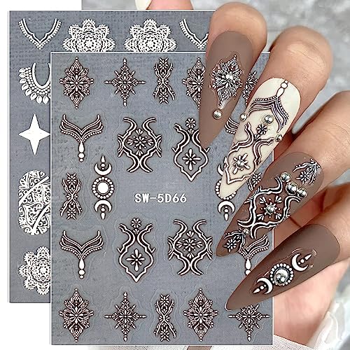 Retro Lace Nail Art Stickers Decals, 4 Sheets 5D Stereoscopic Embossed Flower Nail Art Supplies White Bronze Mandala Star Moon Designer Nail Decals for Women Acrylic Nail Decor DIY Decorations