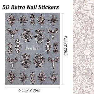 Retro Lace Nail Art Stickers Decals, 4 Sheets 5D Stereoscopic Embossed Flower Nail Art Supplies White Bronze Mandala Star Moon Designer Nail Decals for Women Acrylic Nail Decor DIY Decorations