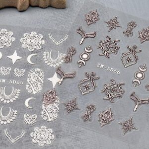 Retro Lace Nail Art Stickers Decals, 4 Sheets 5D Stereoscopic Embossed Flower Nail Art Supplies White Bronze Mandala Star Moon Designer Nail Decals for Women Acrylic Nail Decor DIY Decorations