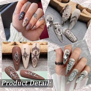 Retro Lace Nail Art Stickers Decals, 4 Sheets 5D Stereoscopic Embossed Flower Nail Art Supplies White Bronze Mandala Star Moon Designer Nail Decals for Women Acrylic Nail Decor DIY Decorations