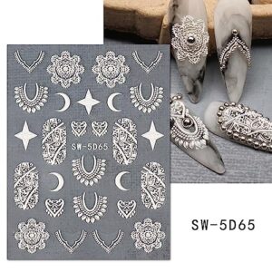 Retro Lace Nail Art Stickers Decals, 4 Sheets 5D Stereoscopic Embossed Flower Nail Art Supplies White Bronze Mandala Star Moon Designer Nail Decals for Women Acrylic Nail Decor DIY Decorations