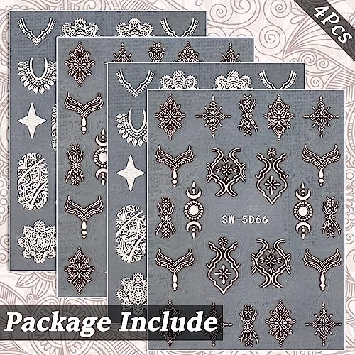 Retro Lace Nail Art Stickers Decals, 4 Sheets 5D Stereoscopic Embossed Flower Nail Art Supplies White Bronze Mandala Star Moon Designer Nail Decals for Women Acrylic Nail Decor DIY Decorations