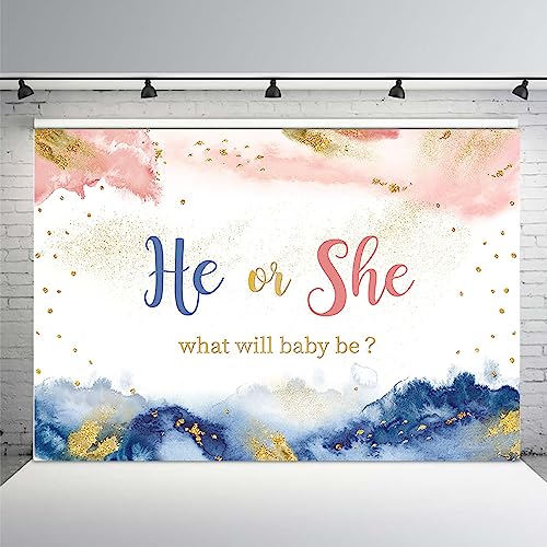 MEHOFOND 7x5ft Gender Reveal He or She Backdrop What Will Baby Be Baby Shower Backdground Boy or Girl Photography Photo Booth Banner Gold Glitter Newborn Party Photo Studio Booth Props