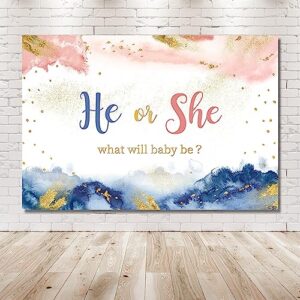 MEHOFOND 7x5ft Gender Reveal He or She Backdrop What Will Baby Be Baby Shower Backdground Boy or Girl Photography Photo Booth Banner Gold Glitter Newborn Party Photo Studio Booth Props