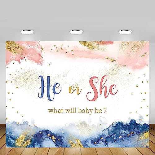 MEHOFOND 7x5ft Gender Reveal He or She Backdrop What Will Baby Be Baby Shower Backdground Boy or Girl Photography Photo Booth Banner Gold Glitter Newborn Party Photo Studio Booth Props