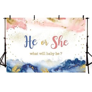 MEHOFOND 7x5ft Gender Reveal He or She Backdrop What Will Baby Be Baby Shower Backdground Boy or Girl Photography Photo Booth Banner Gold Glitter Newborn Party Photo Studio Booth Props