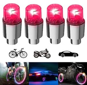 yuerwover 4 pack led bike wheel lights car tire valve stems caps bicycle motorcycle waterproof tyre spoke flash light cool reflector accessories for men women kids (red)