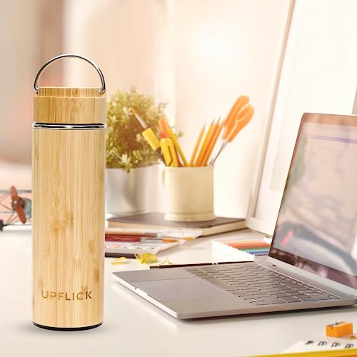 UPFLICK Bamboo Tea Tumbler Set of 2 Insulated Water Bottle with Tea Infuser Coffee Thermos Stainless Steel Vacuum Carafe Gifts for Women Birthday Unique Couple Gift (Pack of 2)