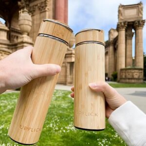 UPFLICK Bamboo Tea Tumbler Set of 2 Insulated Water Bottle with Tea Infuser Coffee Thermos Stainless Steel Vacuum Carafe Gifts for Women Birthday Unique Couple Gift (Pack of 2)