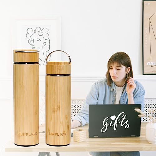 UPFLICK Bamboo Tea Tumbler Set of 2 Insulated Water Bottle with Tea Infuser Coffee Thermos Stainless Steel Vacuum Carafe Gifts for Women Birthday Unique Couple Gift (Pack of 2)