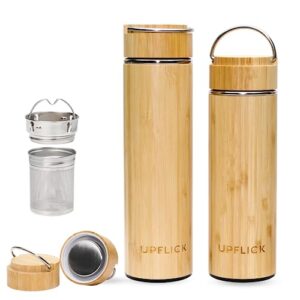 UPFLICK Bamboo Tea Tumbler Set of 2 Insulated Water Bottle with Tea Infuser Coffee Thermos Stainless Steel Vacuum Carafe Gifts for Women Birthday Unique Couple Gift (Pack of 2)