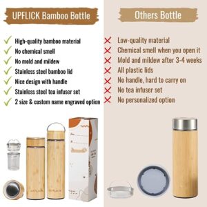 UPFLICK Bamboo Tea Tumbler Set of 2 Insulated Water Bottle with Tea Infuser Coffee Thermos Stainless Steel Vacuum Carafe Gifts for Women Birthday Unique Couple Gift (Pack of 2)