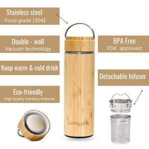 UPFLICK Bamboo Tea Tumbler Set of 2 Insulated Water Bottle with Tea Infuser Coffee Thermos Stainless Steel Vacuum Carafe Gifts for Women Birthday Unique Couple Gift (Pack of 2)