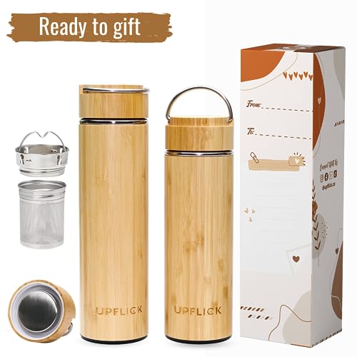 UPFLICK Bamboo Tea Tumbler Set of 2 Insulated Water Bottle with Tea Infuser Coffee Thermos Stainless Steel Vacuum Carafe Gifts for Women Birthday Unique Couple Gift (Pack of 2)