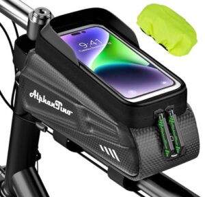 alphantino bike phone holder bag - large capacity bicycle top tube handlebar front frame pouch cycling hard case mount, eva pressure-resistant bag, tpu touch-screen & sun-visor (green zipper)