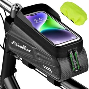 Alphantino Bike Phone Holder Bag - Large Capacity Bicycle Top Tube Handlebar Front Frame Pouch Cycling Hard Case Mount, EVA Pressure-Resistant Bag, TPU Touch-Screen & Sun-Visor (Green ZIpper)