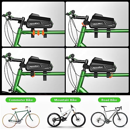 Alphantino Bike Phone Holder Bag - Large Capacity Bicycle Top Tube Handlebar Front Frame Pouch Cycling Hard Case Mount, EVA Pressure-Resistant Bag, TPU Touch-Screen & Sun-Visor (Green ZIpper)