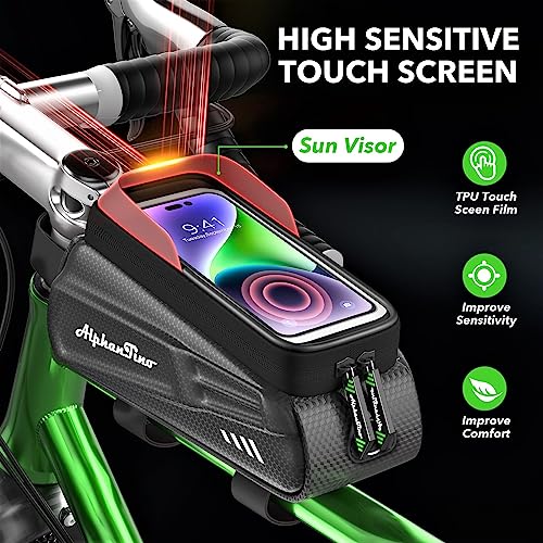 Alphantino Bike Phone Holder Bag - Large Capacity Bicycle Top Tube Handlebar Front Frame Pouch Cycling Hard Case Mount, EVA Pressure-Resistant Bag, TPU Touch-Screen & Sun-Visor (Green ZIpper)