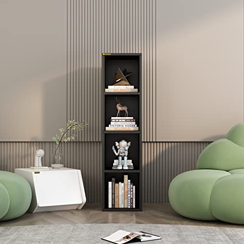 NEWSENDY Modern 4-Tier Open Bookcase and Bookshelf, Floor Standing Bookcase Storage Shelves, Wooden Cube Storage Shelf for Home Office, Living Room, Bedroom, Black