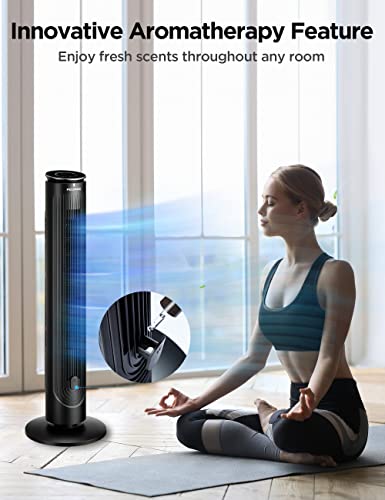 PELONIS 40''Oscillating Tower Fan | Remote Control, Black & 42’’ Oscillating Tower Fan with Aromatherapy Diffuser, Remote Control, 5 Speed Settings, Black