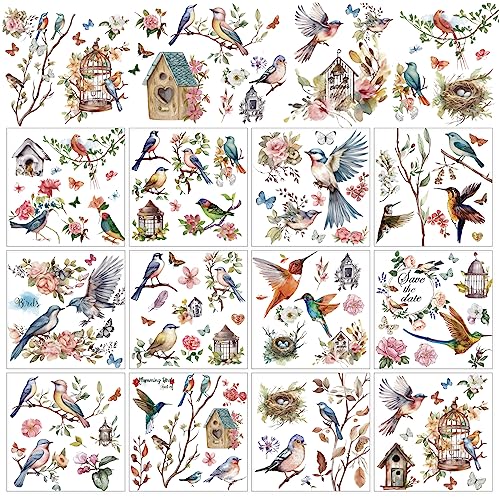 Whaline 12 Sheets Birds Flowers Rub on Transfers for Crafts and Furniture Classic Birds Floral Rub on Transfer Sticker 5.5 x 5.5 Inch Vintage Furniture Decals for Home Office Paper Wood DIY Craft