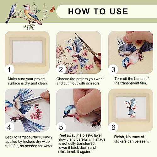 Whaline 12 Sheets Birds Flowers Rub on Transfers for Crafts and Furniture Classic Birds Floral Rub on Transfer Sticker 5.5 x 5.5 Inch Vintage Furniture Decals for Home Office Paper Wood DIY Craft