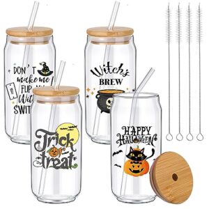 umigy 4 set halloween glass cups with lids straws brushes halloween decorations drinking glasses, funny witch ghost pumpkin 16oz can shaped beer glass trick or treat gift for women kids men (cute)