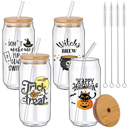 Umigy 4 Set Halloween Glass Cups with Lids Straws Brushes Halloween Decorations Drinking Glasses, Funny Witch Ghost Pumpkin 16oz Can Shaped Beer Glass Trick or Treat Gift for Women Kids Men (Cute)