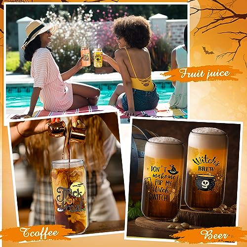 Umigy 4 Set Halloween Glass Cups with Lids Straws Brushes Halloween Decorations Drinking Glasses, Funny Witch Ghost Pumpkin 16oz Can Shaped Beer Glass Trick or Treat Gift for Women Kids Men (Cute)
