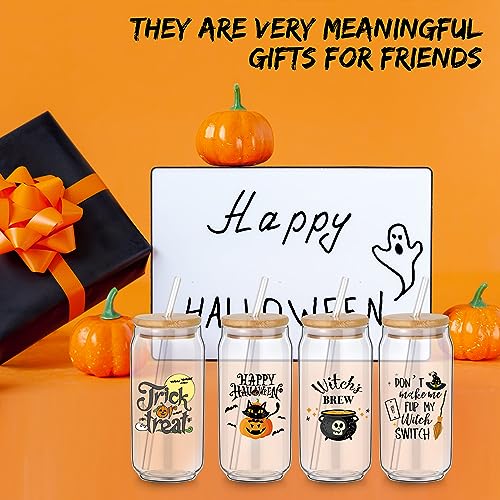 Umigy 4 Set Halloween Glass Cups with Lids Straws Brushes Halloween Decorations Drinking Glasses, Funny Witch Ghost Pumpkin 16oz Can Shaped Beer Glass Trick or Treat Gift for Women Kids Men (Cute)