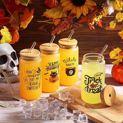 Umigy 4 Set Halloween Glass Cups with Lids Straws Brushes Halloween Decorations Drinking Glasses, Funny Witch Ghost Pumpkin 16oz Can Shaped Beer Glass Trick or Treat Gift for Women Kids Men (Cute)