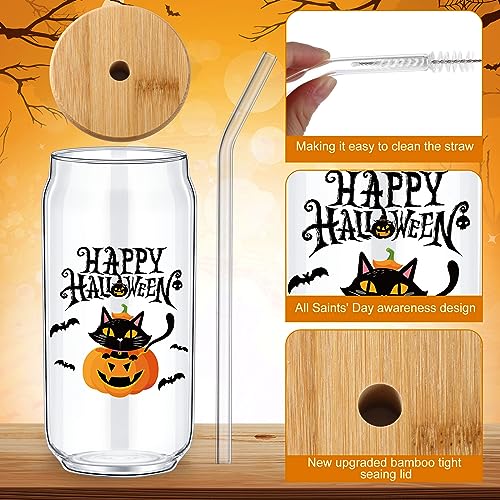 Umigy 4 Set Halloween Glass Cups with Lids Straws Brushes Halloween Decorations Drinking Glasses, Funny Witch Ghost Pumpkin 16oz Can Shaped Beer Glass Trick or Treat Gift for Women Kids Men (Cute)