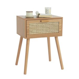 awasen mid century nightstand, rattan side table with drawer, modern bedside table with storage and solid wood legs for living room, bedroom and small space (brown)