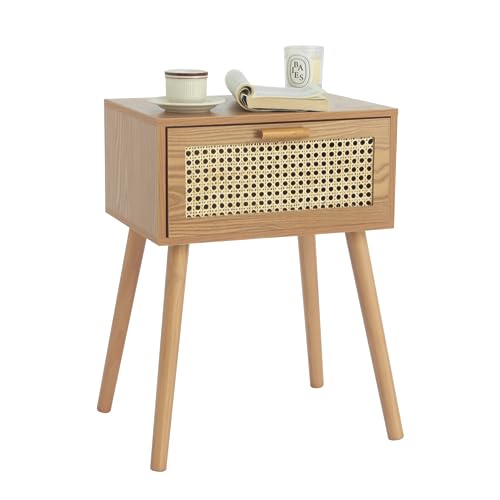 AWASEN Mid Century Nightstand, Rattan Side Table with Drawer, Modern Bedside Table with Storage and Solid Wood Legs for Living Room, Bedroom and Small Space (Brown)