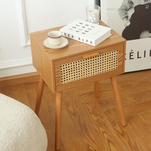 AWASEN Mid Century Nightstand, Rattan Side Table with Drawer, Modern Bedside Table with Storage and Solid Wood Legs for Living Room, Bedroom and Small Space (Brown)