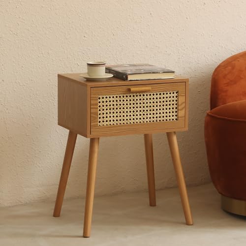 AWASEN Mid Century Nightstand, Rattan Side Table with Drawer, Modern Bedside Table with Storage and Solid Wood Legs for Living Room, Bedroom and Small Space (Brown)