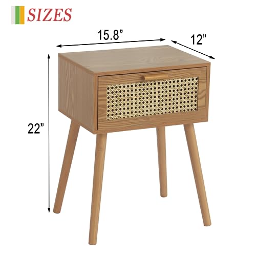 AWASEN Mid Century Nightstand, Rattan Side Table with Drawer, Modern Bedside Table with Storage and Solid Wood Legs for Living Room, Bedroom and Small Space (Brown)