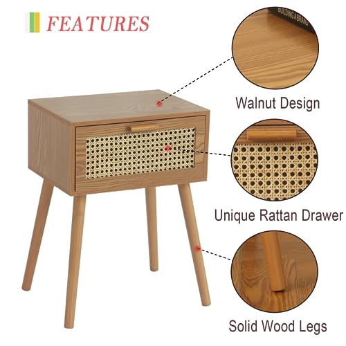 AWASEN Mid Century Nightstand, Rattan Side Table with Drawer, Modern Bedside Table with Storage and Solid Wood Legs for Living Room, Bedroom and Small Space (Brown)