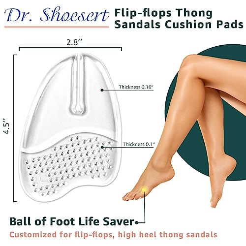 Dr. Shoesert Gel Metatarsal Pads for Flip-Flops Thong Sandals, Ball of Foot Cushion Inserts Relieve All Day Forefoot Pain for Women and Men (Clear - 2 Pairs)